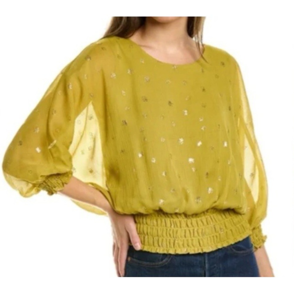 Vince Camuto Dolman Sleeve Foil Dot Blouse Smocked Waist Lined Womens XL